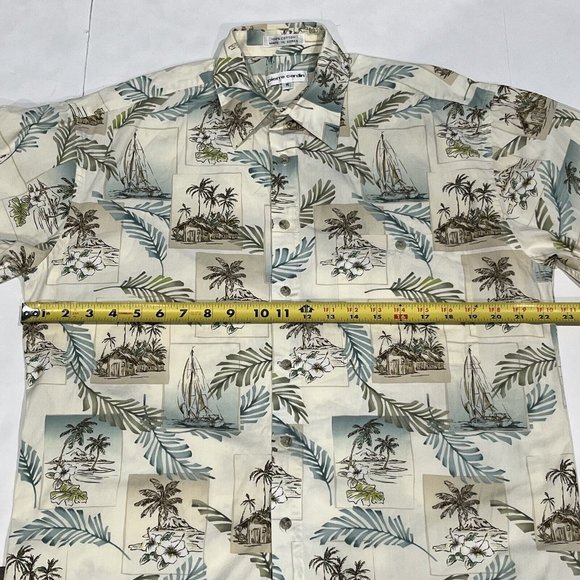 Vintage Pierre Cardin Retro Hawaiian Button Up Shirt Men Medium Island Hut Boat - Picture 12 of 15